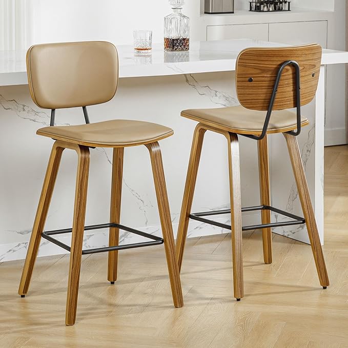 Counter Height Bar Stools Set of 4, PU Leather Upholstered Barstools with Backs, Bent Wood Legs, 26 Inch Seat Height, Mid Century Modern Counter Stools for Kitchen Island, Brown