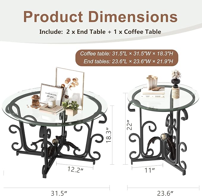 Tempered-Glass Nesting Coffee Table Set of 3 ，Black 31.5" Round Coffee Table and 2pcs Round Small Side Tables，Small-Space Friendl Modern Apartment Coffee Tables for Living Room