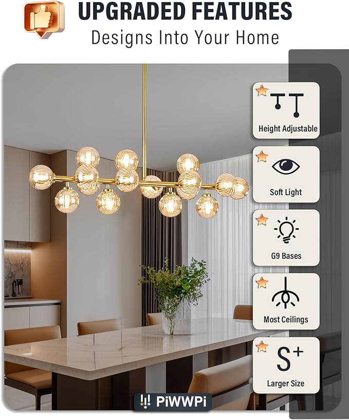 Glass Globe Sputnik Chandelier, 16-Light Mid Century Modern Light Fixture Over Table, Linear Chandeliers for Dining Room, Kitchen Island, Brass Gold and Amber Bubble, 40 Inch, GC-02