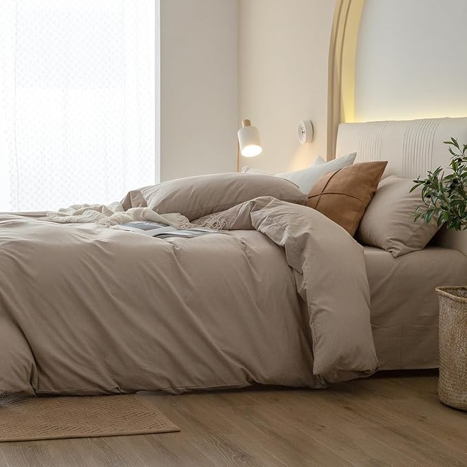 JIYUAN 100% Washed Cotton Duvet Cover Set 3 Pieces Queen, 1 Duvet Cover 90x90 Inches(Comforter Not Included) and 2 Pillowcases,Linen Feel Bedding Set Comfy and Breathable, Heathered Warm Taupe