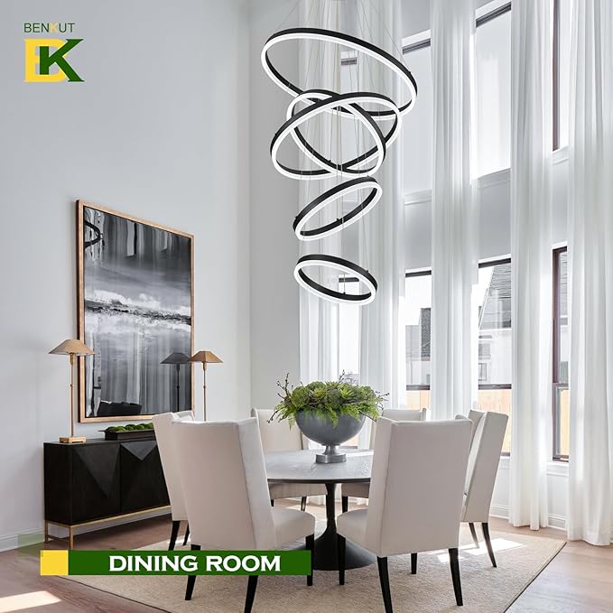 5-Rings Modern LED Chandelier Black High Ceiling Chandelier with Remote Control Dimmable Pendant Lighting for Dining Room Foyer Living Room Entryway Staircase(3000K-6500K, D23.6’’)