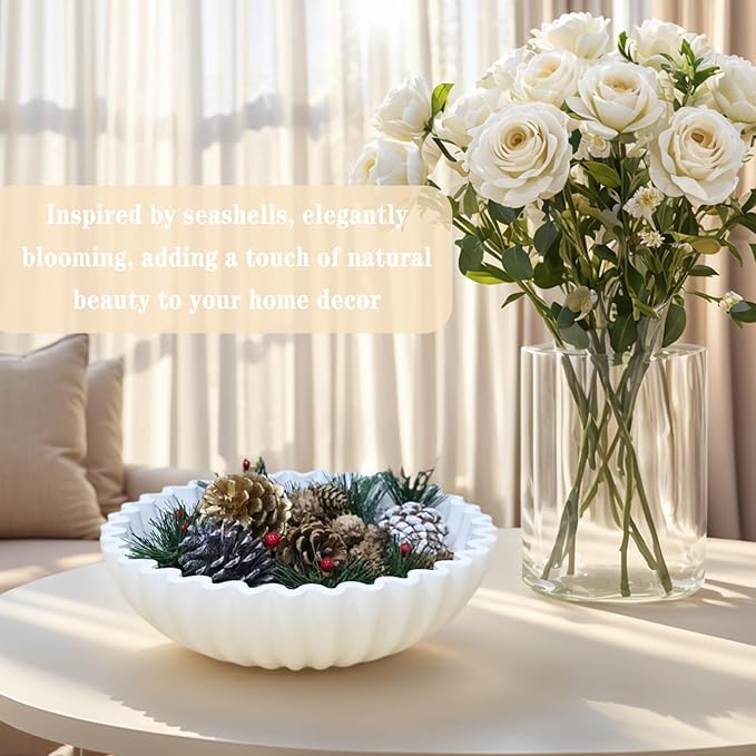 Decorative Bowl for Home Decor - White Large Decorative Fruit Bowls for Coffee Table - Scalloped Ruffle Centerpiece key Bowl for Entry Table - Morden Round 10" Aesthetic Decor