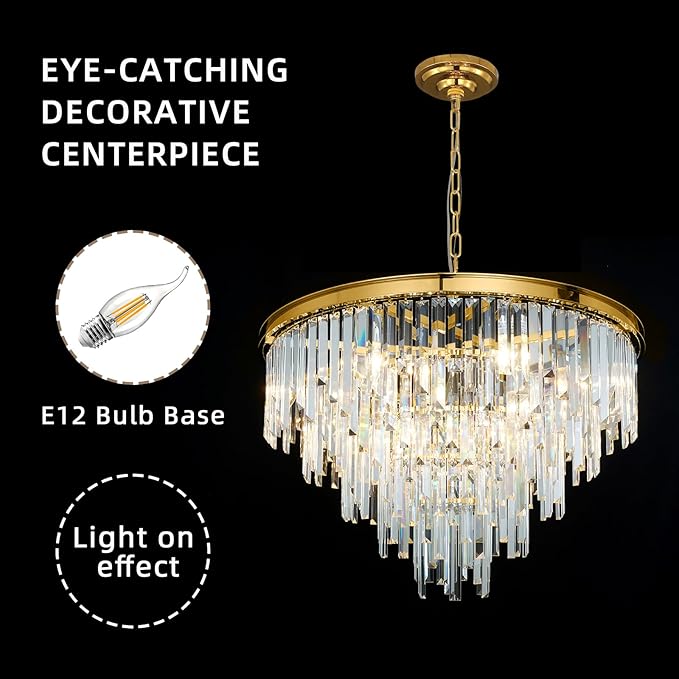 27'' Modern Crystal Chandelier, Gold Round Ceiling Light with Clear Prisms, Luxury Flush Mount Lighting Fixture for Dining Room Bedroom Foyer