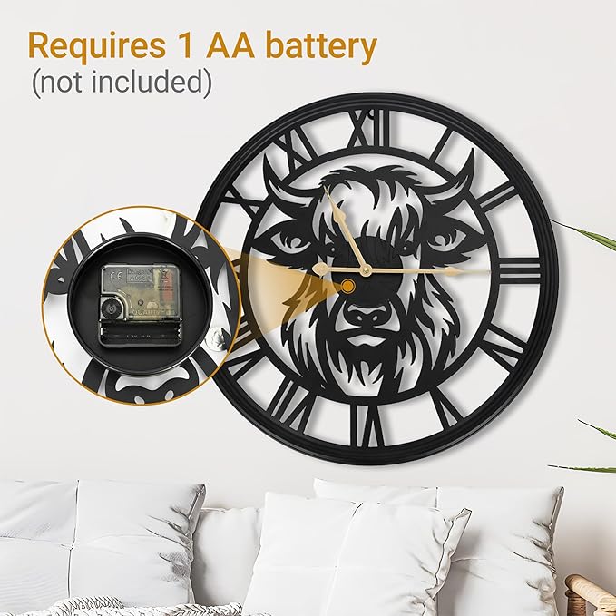 16inch Wall Clocks Battery Operated, Large Slient Black Metal Decorative Wall Clock,Wall Clocks for Living Room Decor,Bedroom, Kitchen, Dining Room (Highland Bull Wall Clock, 16 Inch)