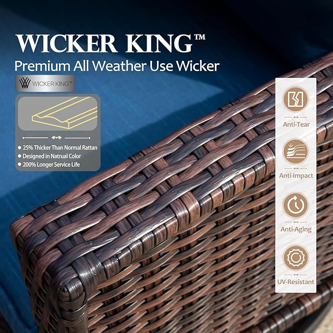 HERA'S HOUSE Outdoor Wicker Swivel Chairs with 5.5" Thick Cushions, 35" High Back Patio Chairs Set of 2, Deck Balcony Backyard Furniture, Navy Blue