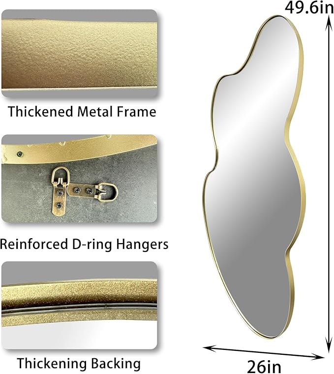 Gold Irregular Mirror, Asymmetrical Wall Mirror, 49.6"x26" Cloud Shaped Mirrors, Large Metal Frame Mirrors for Living Room Bathroom Bedroom Hallway Entryway Fireplace
