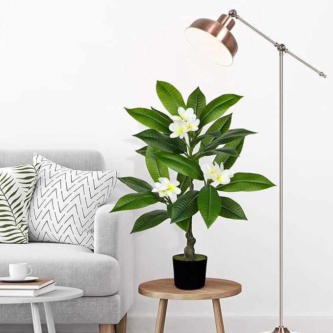 Briful Artificial Plants Indoor 26.77'' Fake Tropical Plumeria Flowers Tree Plants in Black Pot Hawaiian White Plumeria Rubra Faux Frangipani Tree Floor Plant for Home Office Wedding Decor