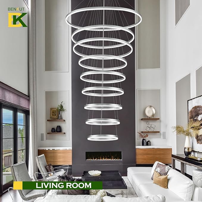 9 Rings Modern LED Chandelier Silver Dimmable Large Foyer Chandeliers Entryway High Ceiling for Staircase, High Ceiling Pendant Lights for Entryway Living Room, 3000K-6500K CCT