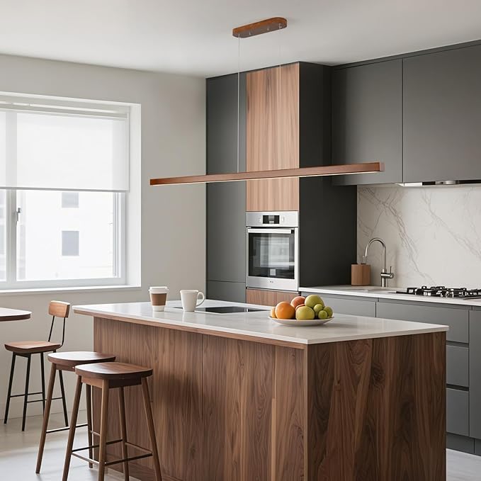 55 Inch Wood Linear Pendant Light Dimmable LED Kitchen Island Lighting with Remote Adjustable Hanging Chandelier for Dining Room Bar Pool Table 30W Modern Farmhouse Fixture Walnut Color