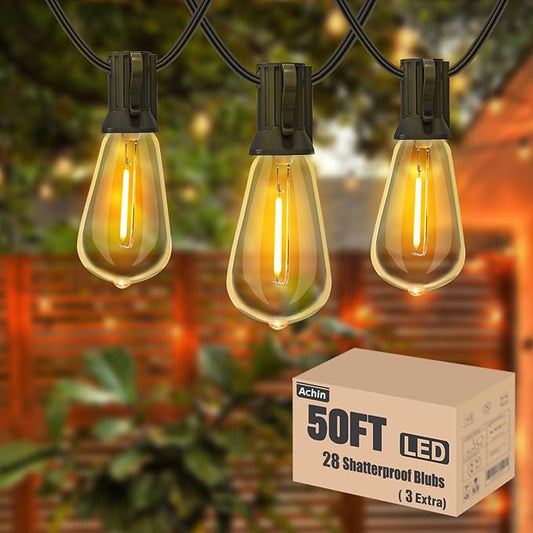 Achin Outdoor String Lights - 50ft LED Dimmable ST38 Warm Edison String Lights, Waterproof, Shatterproof, Connectable, Patio, Pergola, Bistro, Garden, Wedding, 2 Year Warranty