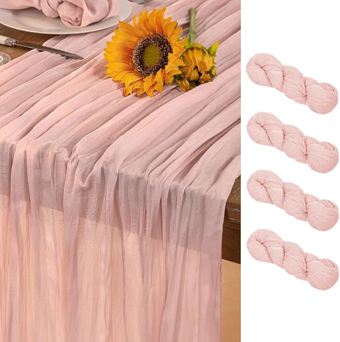 Pink Cheesecloth Table Runner 4 Pack Fall Table Runners Boho Gauze 120 Inches Light Pink Cheese Cloth Fall Table Decorations for Thanksgiving Wedding Bridal Girl Baby Shower Sweet 16 Party