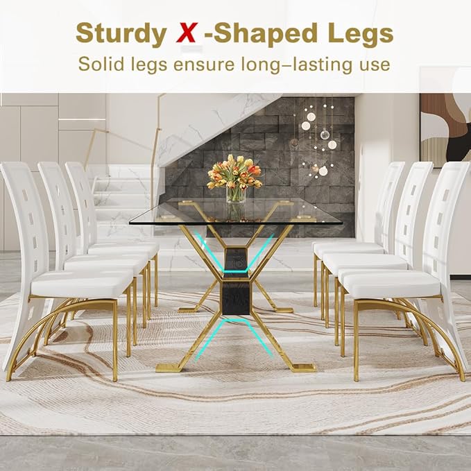 71'' Modern Dining Table Set for 6,7 Piece Glass Dining Table Set with Open‑Frame X‑Shaped Golden Metal Base,Gold Kitchen Table and Chairs Ideal for Dining Room&Home Office