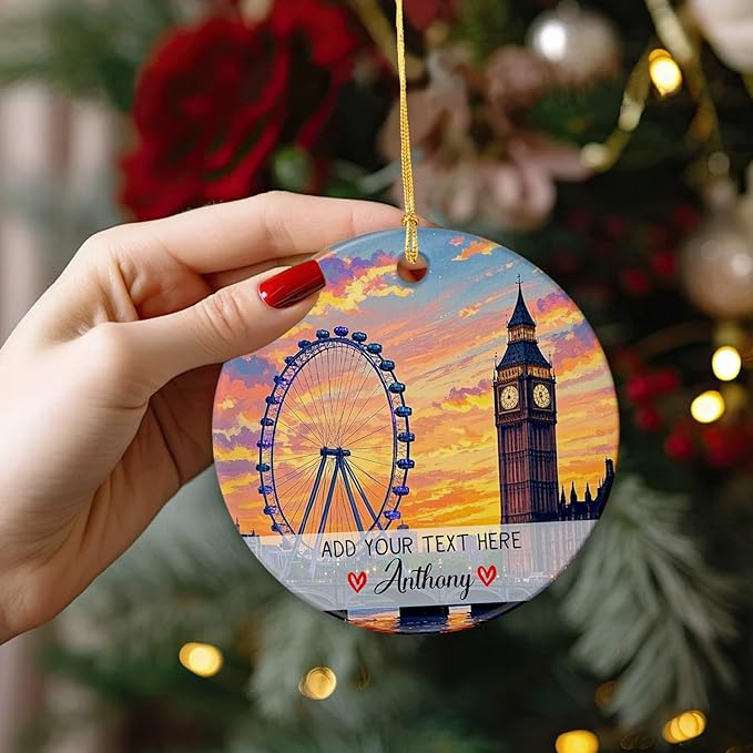 Personalized Millennium Wheel London Ceramic Christmas Tree Ornament, Millennium Wheel Souvenir Xmas Keepsake Ornaments, Customized Text/Name London Trip Memories Christmas Ornament Gifts for Family