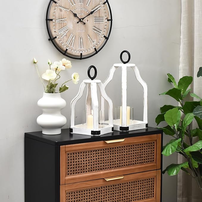 SWALLOWLIVING Rustic Farmhouse Wood Candle Hurricane Lantern with Glass Candlestick Holder for Patio, Table Centerpiece, White, Set of 2