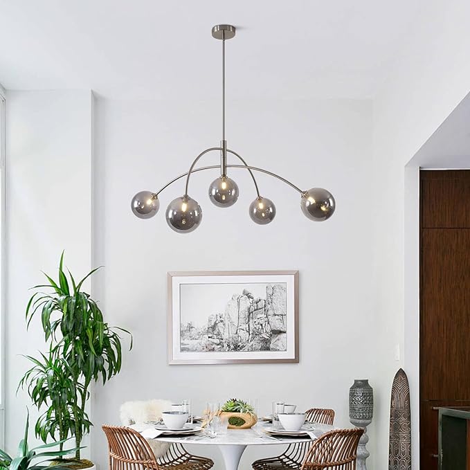 Modern Silver Chandelier 5 Light Smoke Gray Semi Flush Mount Chandelier Vintage Industrial Ceiling Light for Dining Room Kitchen Bedroom Hallway