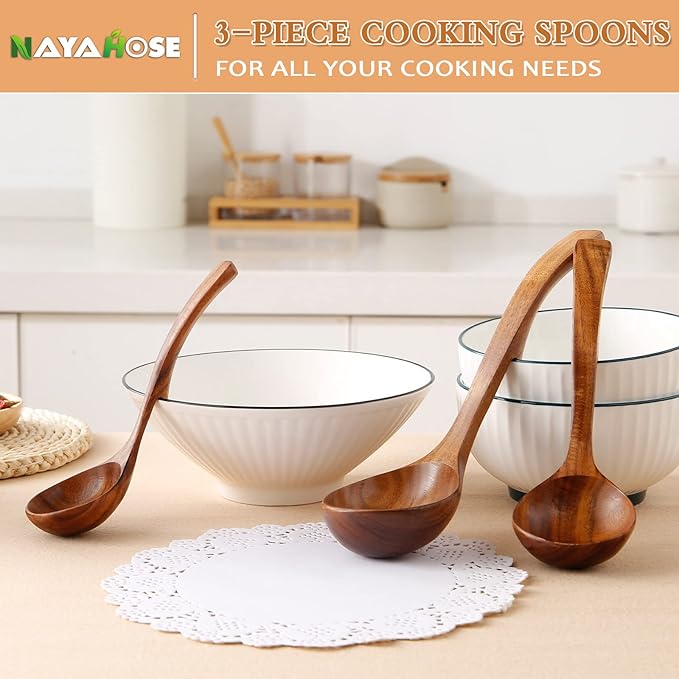 Wooden Ladle for Soup, 3Pcs (S/M/L) Wooden Spoons for Cooking, Non-Stick Wooden Spoon, Natural Teak Wood Cooking Spoons, Kitchen Utensils set
