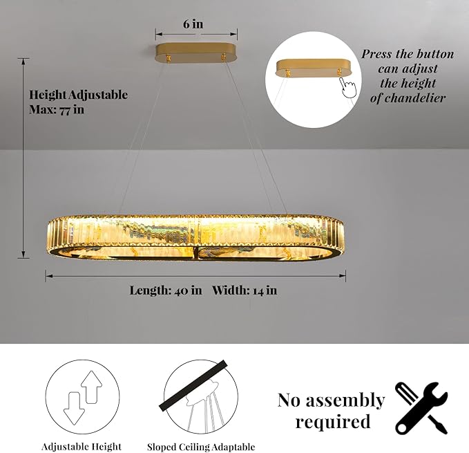 Rectangular Crystal Chandelier, Modern Pendant Lighting Adjustable Ceiling Light Fixture for Living Room Dining Room Bedroom (rectangular-40inch,No Assembly Required)