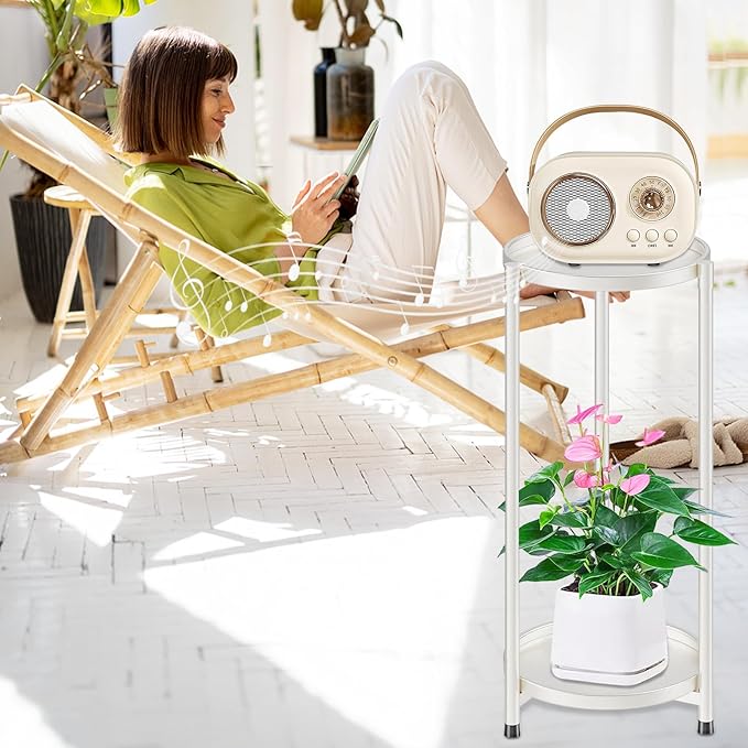 2 Tier Metal Plant Stand Rack Indoor Outdoor Flower Pot Shelf, 26.7in Tall Rustproof Round Planter Display Storage Rack, Heavy Duty Potted Holder for Home Garden Patio Bathroom Living Room (white)