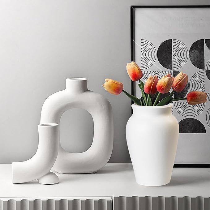 Ceramic Vase for Home Decor, 9 Inch Wide Mouth Pottery Vase, Vintage Farmhouse Boho Neutral Terracotta Rustic Decor for Living Room, Entryway, Floor, Mantel Decoration（White）