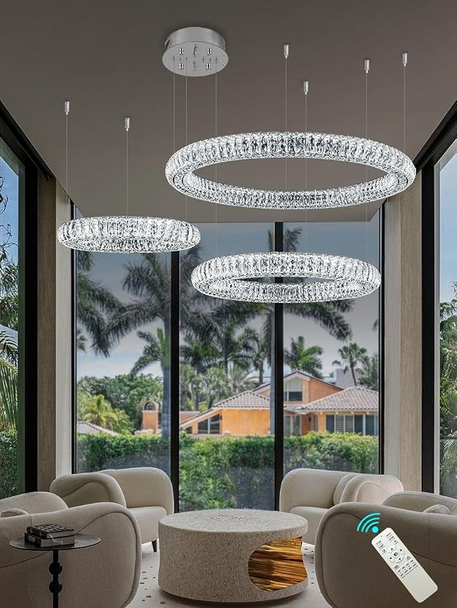 32"+24"+16" 3 Rings Crystal Chandeliers Lighting and Hanging Ring Adjustable, Stainless Steel Ceiling Light