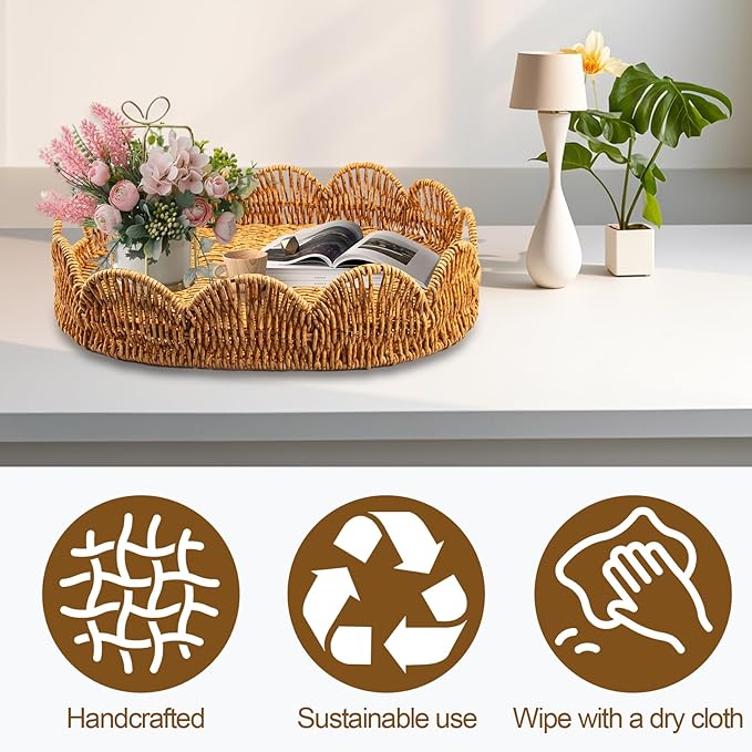 Elliptical Rattan Scalloped Tray, Woven Basket Tray with Bulit-in Handles Scalloped Edges Serving Tray for Coffee Table Living Room Home Decor 14.2" L x 10.9" W x 3.4" H