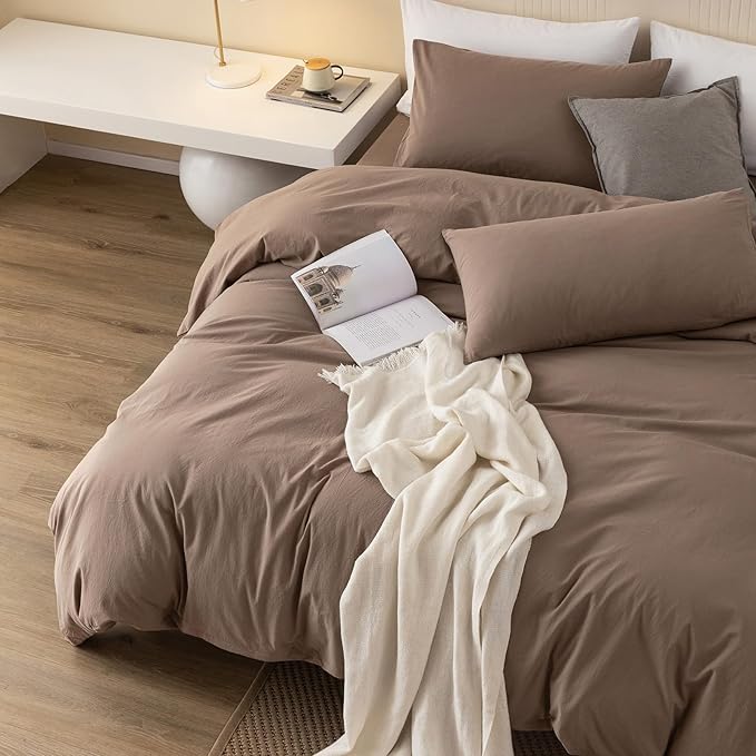 JIYUAN 100% Washed Cotton Duvet Cover Set 3 Pieces Alaska King, 1 Duvet Cover 132x120 Inches(Comforter Not Included) and 2 Pillowcases,Linen Feel Bedding Set Comfy and Breathable,Light Brown