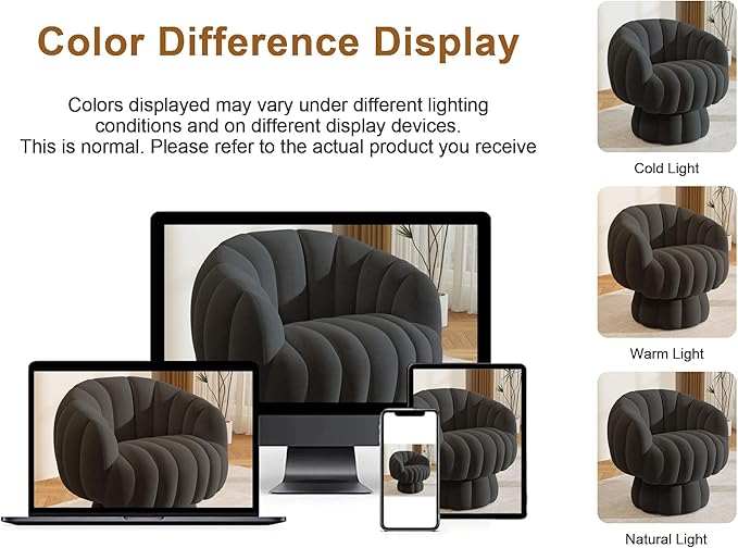 Mid Century Modern 360 Degree Barrel Swivel Accent Sofa Chair,Fluffy Velvet Fabric Lounge Wide Upholstered Pumpkin Reading Chair, Round Cloud Armchair for Living Room,Bedroom,Vanity(Black)