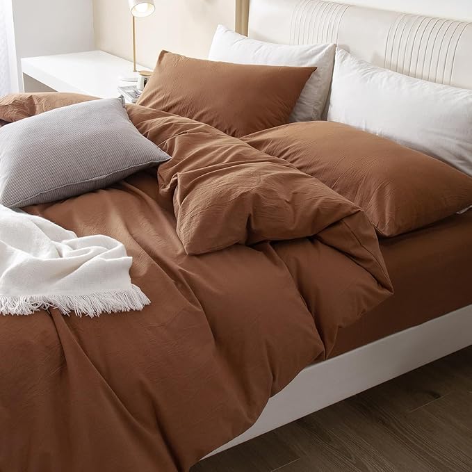 JIYUAN 100% Washed Cotton Duvet Cover Set 3 Pieces Queen, 1 Duvet Cover 90x90 Inches(Comforter Not Included) and 2 Pillowcases,Linen Feel Bedding Set Comfy and Breathable,Burnt Orange