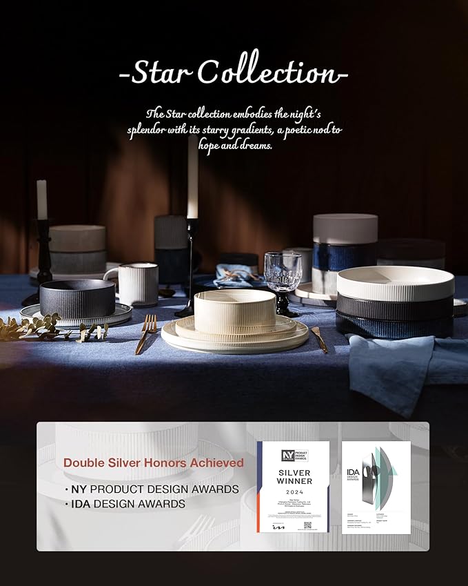 Famiware Star Plates and Bowls Sets, Modern Stoneware Dinnerware Sets for 8, 24-Piece Kitchen Dish Set - Microwave and Dishwasher Safe, Chip and Scratch Resistant, Smoky Blue