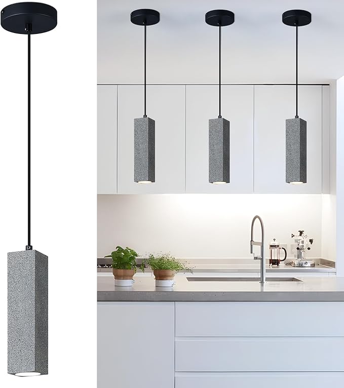 Modern Black Square LED Concrete Pendant Light Kitchen Islandceiling Light Fixture Pendant Lighting for Dining Room Coffee Club Resturant Bar Living Room(3-Pack)