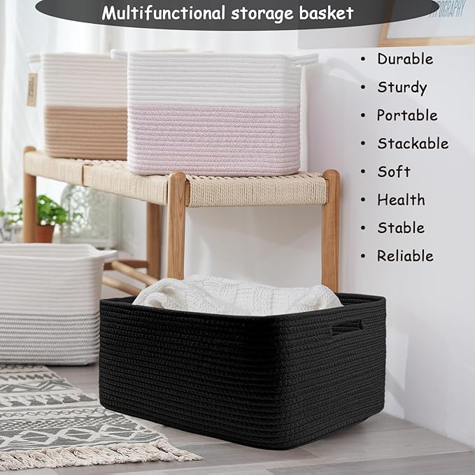 COMFY-HOMI 2 pcs Large Storage Baskets for Shelves, Laundry Basket, Woven Rope Basket, Closet Organizer Bins for Clothes Blanket Towels, Baby Nursery, Gift Toy Baskets, 17” x 13” x 7.5”-black