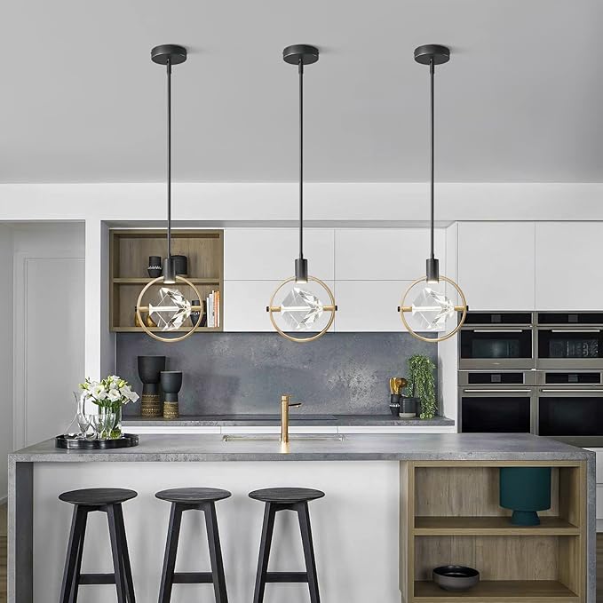 Modern Crystal Pendant Light in Black Mini Dimmable Integrated LED Light Fixtures Metal Rod Ceiling Black Gold Chandelier for Kitchen Island Bedroom Dining Room Bar(1-Lights)