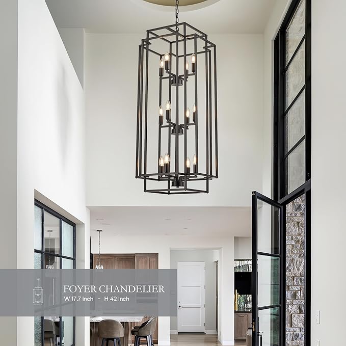 12-Light Lantern Tiered Pendant Light Fixtures, Black Metal Farmhouse Chandelier Hall Foyer Hanging Chandelier for Kitchen Island Dining Room Living Room Foyer Entryway, Black