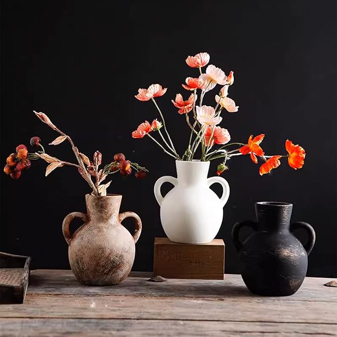 Ceramic Flower Vase,7.3 inch Tall Farmhouse Rustic Vase, Handcrafted Weathered Pottery Vases, Small Flower Terracotta Vases for Home Decor, Living Room Farmhouse Table Shelf Entrance (Terracotta)