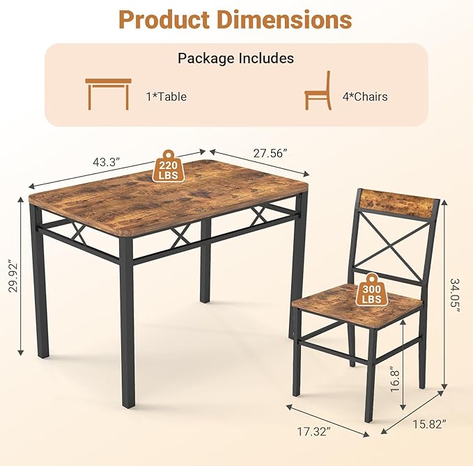 Dining Table Set for 4, 5-Piece Dining Table Set, Kitchen Table Chairs Set of 4, Rectangular Kitchen Table Set with 4 Curved Backrest Chairs, for Small Spaces & Apartment-Brown