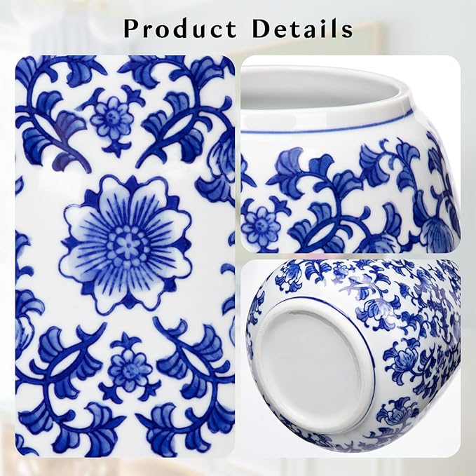 Hollyone Blue and White Porcelain Vase Chinoiserie Floral Vase Large Vintage Tall Blue Ceramic Vase for Home Mantle Shelf Living Room Table Centerpieces Decor, 7 Inch