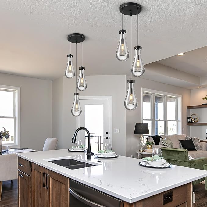 Raindrop Pendant Lights Kitchen Island Teardrop Black Hanging Light Fixtures Clear Solid Glass Pendant Light Modern Chandeliers for Dining Room Porch Corridor Living Room(3-Light)