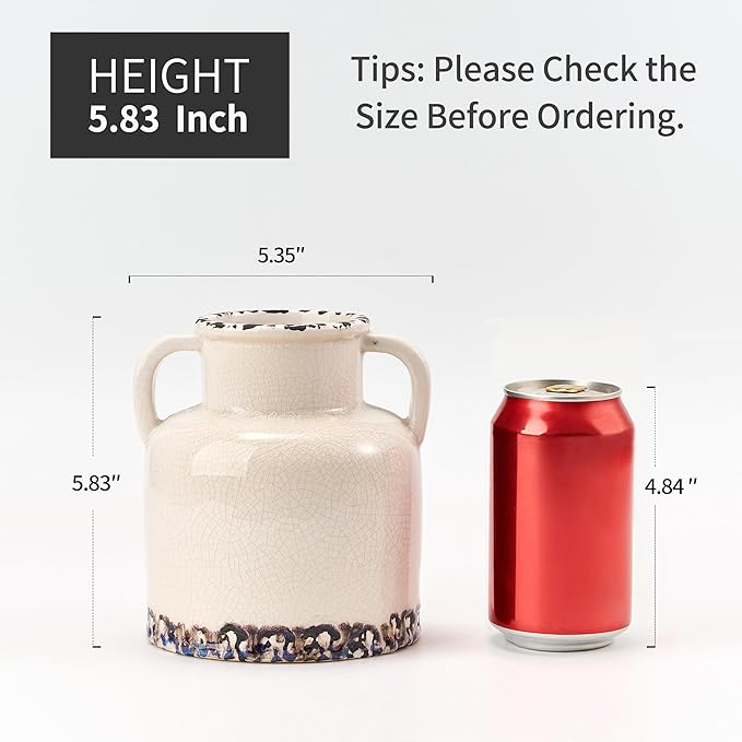 White Ceramic Vase with 2 Handles, 5.83 Inch Cute Retro Ice Cracked Flower Vase, Small Antique Vases for Modern Farmhouse Home Decor, Wedding, Living Room, Table, Shelf Decor, White