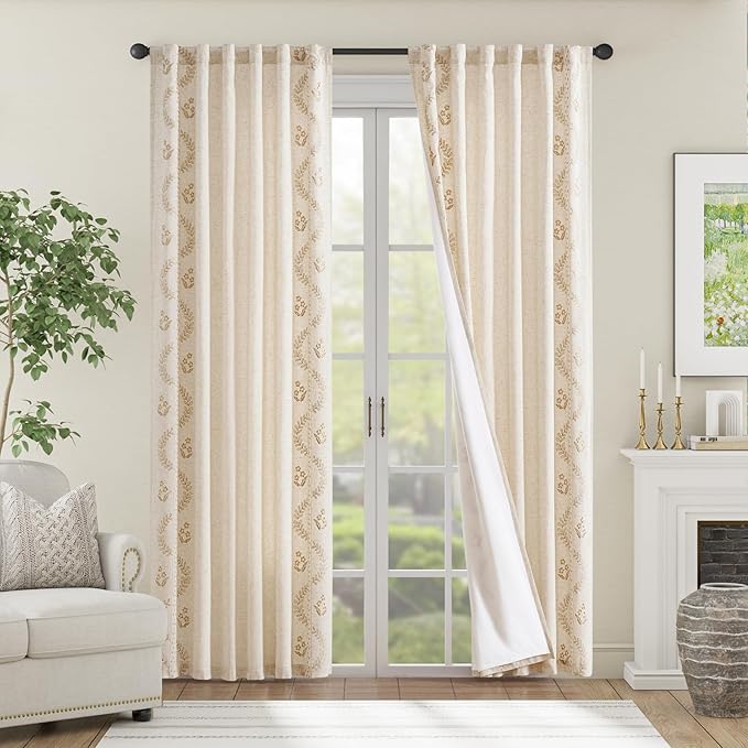 jinchan Belrose Lined Linen Blend Curtains Boho Floral Curtains for Bedroom 84 Inch Length Beige Embroidered Drapes Rod Pocket Farmhouse Flower Drapes for Living Room Window Treatments Set 2 Panels