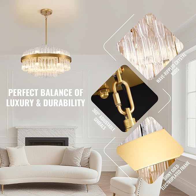 Siljoy 12 Lights Gold Crystal Chandelier for Dining Room, 23.6'' Modern 3-Tiers Raindrop Chandelier with Wave Curved Glass Rods, Luxury Dimmable Crystal Ceiling Light for Living Dining Room Kitchen