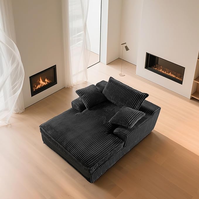 Oversized 67" Chaise Lounge Chair Indoor, Corduroy Upholstered Deep Seat Sofa Couch, Cloud-Soft Boneless Lounger, Comfy Reading Chairs for Living Room & Bedroom, No Assembly Required (Black)