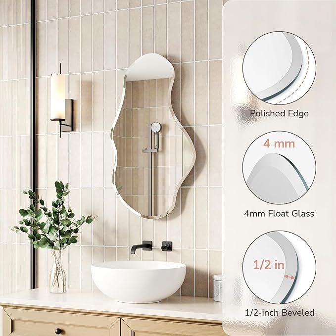 USHOWER Irregular Wall Mirror 20"x36", Frameless Wavy Mirror with Beveled & Polished Edge, Wall Mirrors Decorative for Bathroom, Bedroom, Living Room, Entryway, Cloakroom Renovation