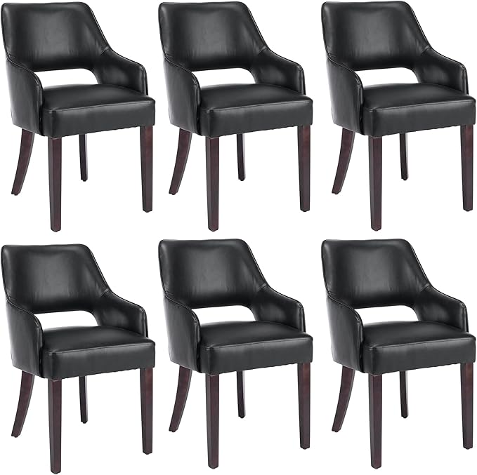 PU Leather Dining Chairs Set of 6 Upholstered Farmhouse Kitchen Chair Side Chairs Wood Accent Chair for Living Room/Dining Room/Bedroom/Restaurant, pgraded Size, Black