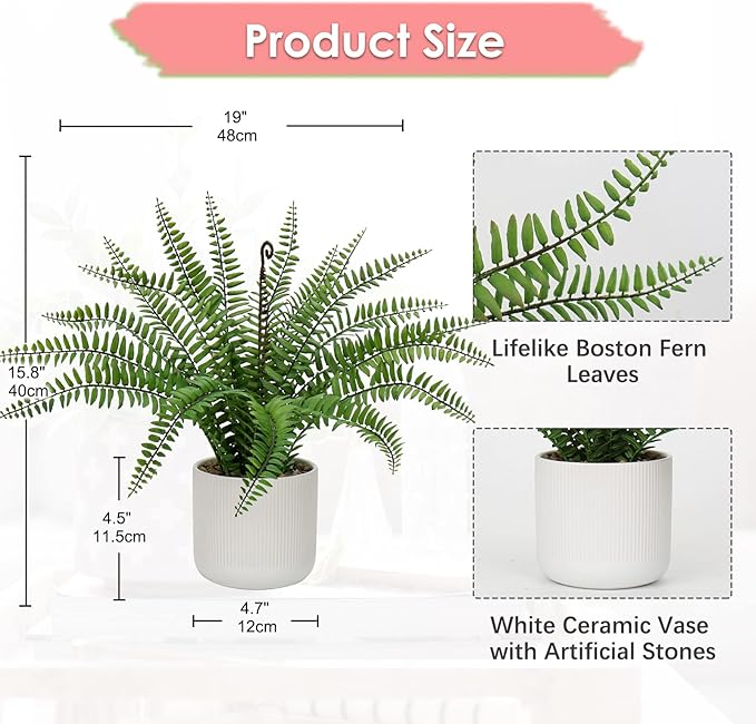 DILATATA Faux Plant Indoor in Ceramic Pot 16" Artificial Potted Boston Fern Fake House Plants for Desk Office Bathroom Garden Decoration