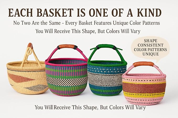 AYÉYA Mini Market Basket – Small Neutral African Handwoven Basket with Leather Handle – Artisan Wicker Tote for Storage, Gifting, or Garden Use – Handmade in Ghana