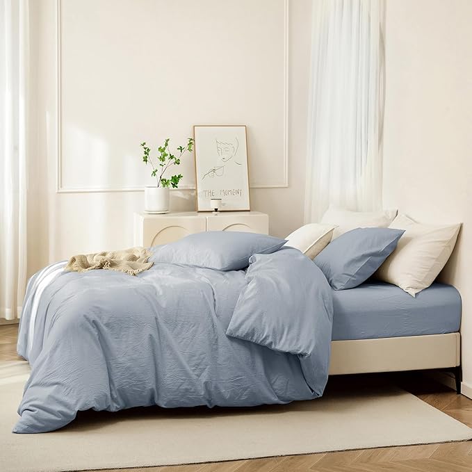 JIYUAN 100% Washed Cotton Duvet Cover Set 3 PCS Oversized Queen, 1 Duvet Cover 98"x98" (Comforter Not Included) and 2 Pillowcases,Linen Feel Bedding Set Comfy and Breathable, Heathered Light Blue