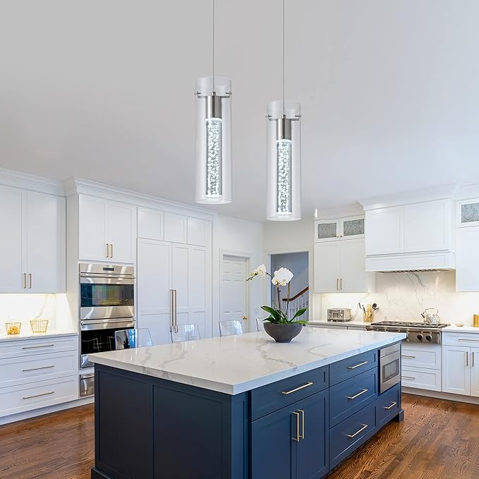 3-Pack Modern Pendant Lighting Satin Nickel,24W Light Chandelier with LED Bulb, Updated Housing and Bubble Kitchen Light for Kitchen,Dining Room,Living Room,Corridor and Restaurant, 6000K