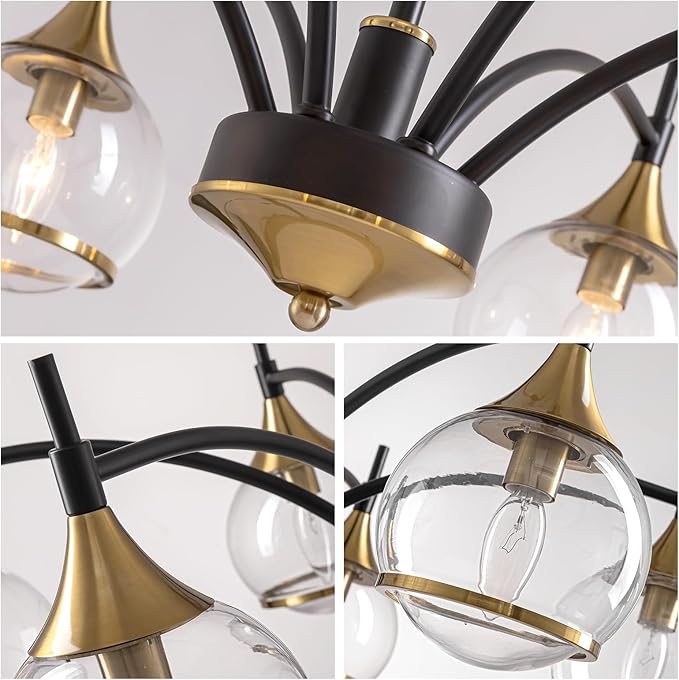 6 Light Modern Dining Room Light Fixtures Over Table 33.8" Black and Gold Chandelier with Globe Glass Bubble Shade Mid CenturySputnik Chandeliers for Dining Room，Living Room,Kitchen