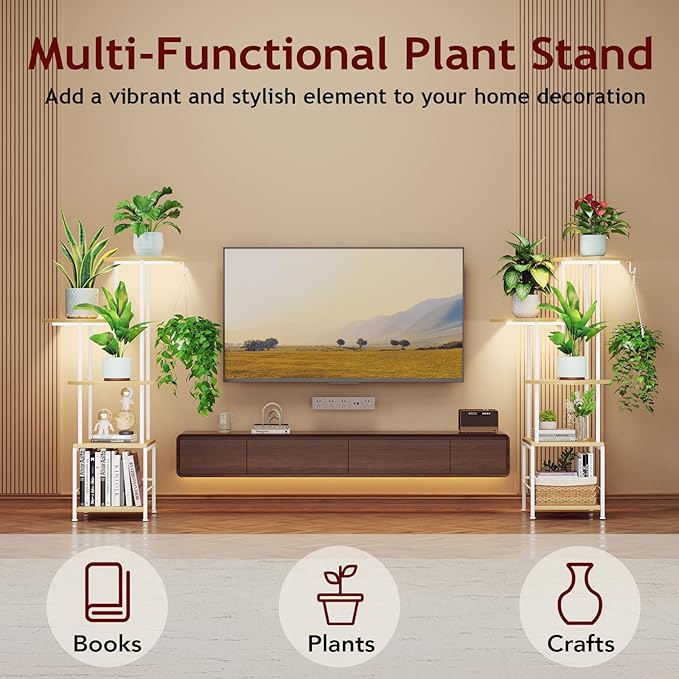Plant Stand Indoor with Grow Light, 5-Tiered Tall Plant Stand Indoor, Metal Plant Shelf with Hanging Basket Hook and Adjustable Light, Ideal for Living Room, Garden, Patio (Maple)