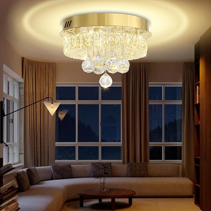 Flashing God 12" Modern Crystal Chandeliers Flush Mount Ceiling Light Gold Chandelier for Hallway LED Dimmable Light Fixture for Dining Room Living Room Bedroom
